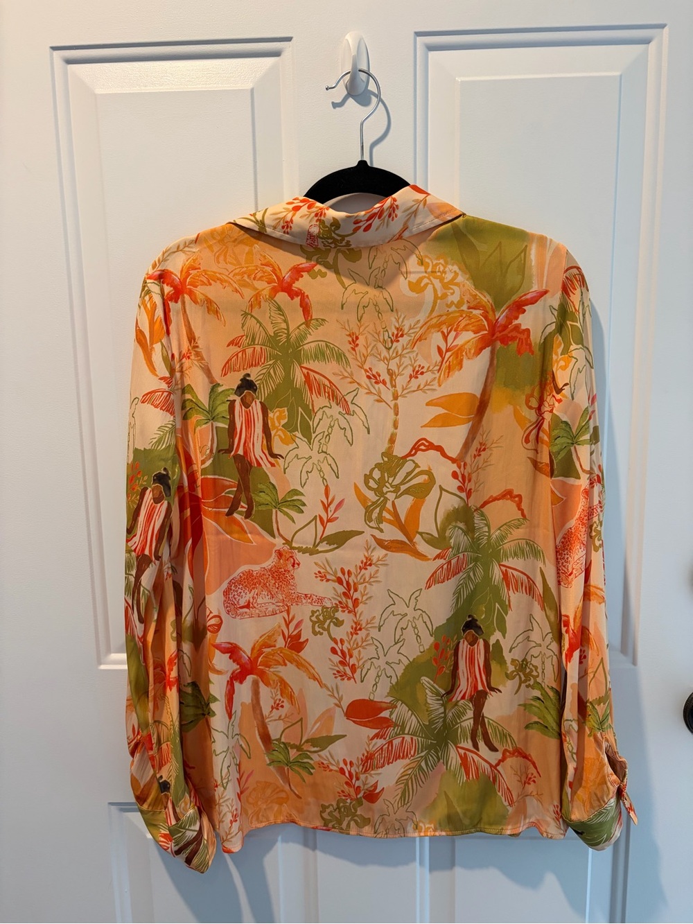 Tropical Print Satin Style Button-Up Blouse in Beige, Orange & Green